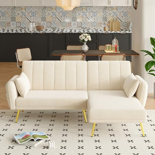 NADEUSAK Moderno divano letto pieghevole, a forma di L, con angolo aggiunto, divano ad angolo con funzione di sonno, adatto per soggiorno, camera da letto, home cinema, camera degli ospiti, beige
