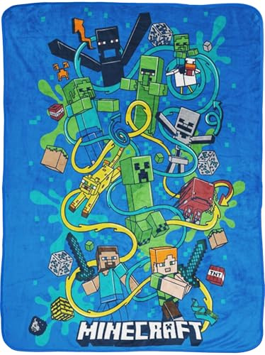 Beronage Minecraft Filt Slurp 150 x 200 cm, 100 % polyester, fluffig flanell, fleece, gosig filt, soffa, filt, barn, vuxna, gamer, gåva, licensprodukter