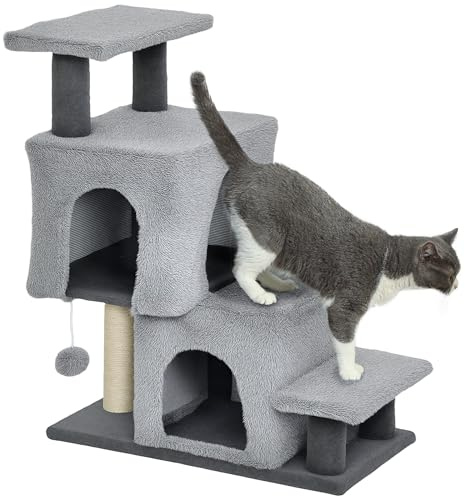 PawHut Scaletta per Gatti a 4 Gradini Regolabile in Altezza, Scalini per Gatti con 2 Casette, Palo Tiragraffi e Pallina, Scaletta per Cani e Gattini per Letto e Divano, Grigio