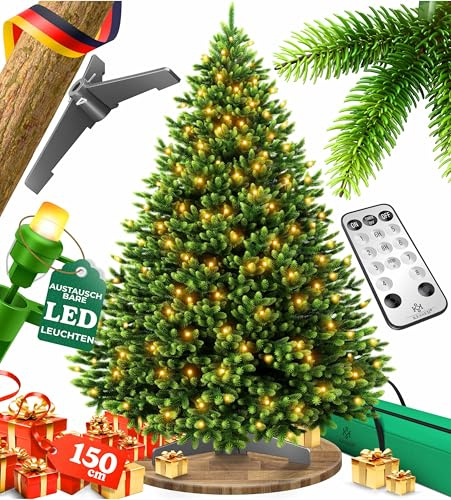 KESSER® Weihnachtsbaum LED künstlich 150 cm – wie echt – naturgetreuer Tannenbaum mit Holzständer + Fernbedienung + Tasche, dichte Zweige, kein Nadeln, realistischer Pine Tree, Christbaum, Dunkelgrün