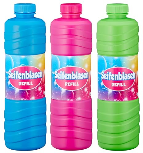 mucHome Seifenblasen Nachfüll-Set, 3 Flaschen je 950ml, Seifenblasenflüssigkeit in Blau, Pink und Grün, Kunststoff-Flaschen mit Schraubverschluss