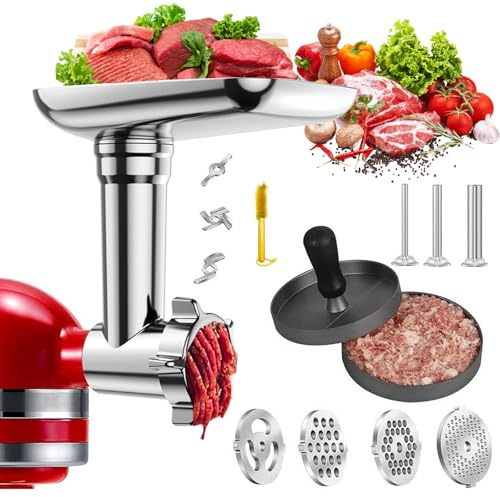 Fleischwolf Aufsatz für KitchenAid Standmixer, inklusive 3 Wurstfüllhörner, 3 Schleifklingen, 4 Mahlscheibe und Burgerpresse, Reinigungsbürste, Fleischwolf Zubehör (Ohne Maschine, nur Zubehör)
