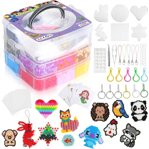 LIAILA - Juego de cuentas para planchar, 15000 unidades de 5 mm con caja de almacenamiento de tres capas, 6 placas para cuentas, 20 patrones, 5 hojas de papel para planchar, 20 colores, cuentas para