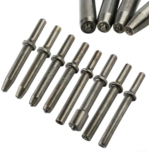 1 martillo de remache con funcionalidad neumática para remaches semihuecos y sólidos, equipado con 8 cinceles resistentes (cabeza semihueca de 8 mm)