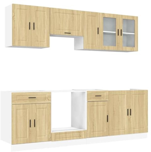 Qnhdfrt 8-TLG. Küchenschrank-Set Porto, Sonoma-Eiche, modernes Küchenmöbel-Set aus Holzwerkstoff, viel Stauraum, Schränke mit verstellbaren Füßen, Glasvitrine, für Küche