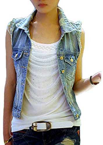 Runyue Damen Ärmellose Zerrissene Gewaschen Jeans Weste Fit Beiläufige Cowboy Denim Jacke Weste Jeansweste Blau L