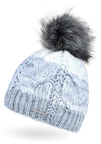 Neverless® Damen Strick-Mütze gefüttert Fleece-Innenfutter Fell-Bommel Kunstfell Winter-Mütze Bommelmütze Zopfmuster Mehrfarbig