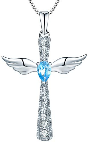 YL Collier Croix Aile D'ange 925 Argent La 12 Pierre de Naissance Oxyde de Zirconium Crucifix Pendentif Collier pour Femmes, Chaîne 45 + 3 CM