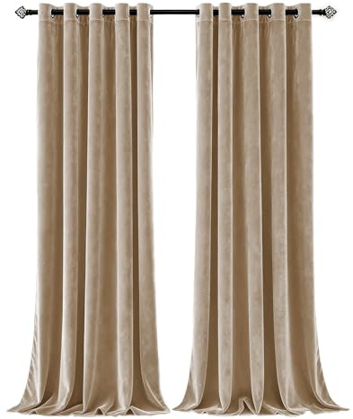 Imperial Rooms Crushed Velvet Curtains 90x90 Drop Eyelet Beige Curtains for Living Room - Fully Lined Ring Top Soft Bedroom Blackout Curtain + 2 Matching Tie Backs (228cm x 228cm)