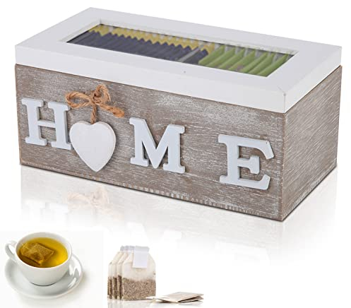 Cyrank Scatola da Tè in Legno con Coperchio,Scatola Portaoggetti per Bustine di Tè,Porta Bustine Zucchero Organizer per Bustina di Portaoggetti per Bustine da 2 Scomparti