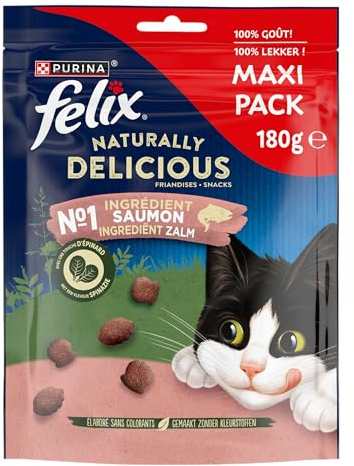 FELIX | NATURALLY DELICIOUS | Snacks Chat Adulte | Friandises au Saumon | Aliment complémentaire riche en Protéines et Vitamines Oméga 6 | Sachets Fraîcheurs | 180 g