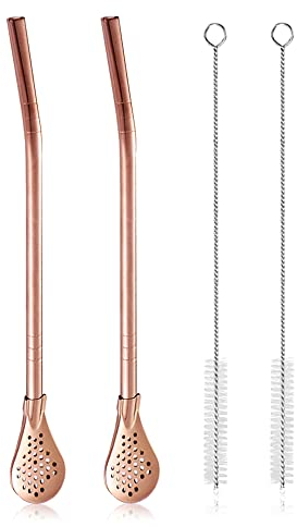 ​2 x abnehmbarer Edelstahl-Strohhalm-Filterlöffel mit 2 Reinigungsbürsten, wiederverwendbarer Metall-Strohhalm-Löffel, Cocktail-Rührer zum Trinken von losem Tee, Eiskaffee, Roségold