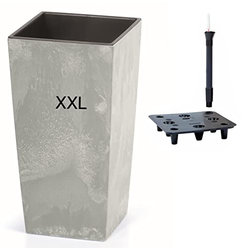 MELTOM Blumenkübel mit Bewässerungssystem Slim Hoch Quadratisch Einsatz Beton Optik Farbe: Grau XXL (BxH): 31 x 62 cm