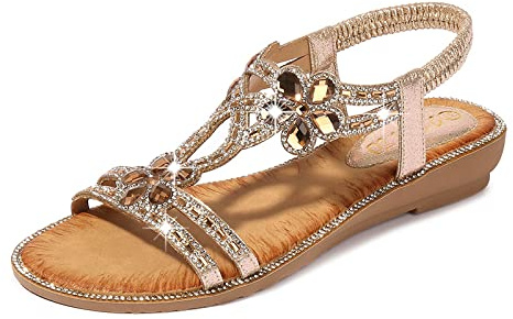 Donna Sandali con Strass Bohémien per Spiaggia Estivi Scarpe Casual Piatto Eleganti Moda Romano Sandali Taglia 35-41 EU (Oro,39)