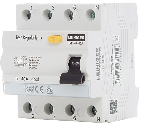 LEINIGER/Disjoncteur différentiel / Interrupteur FI/RCD / 2 pôles / 4 pôles / 25A / 40A / 63A / 30mA / Type A/VDE certifié (4 pôles 63A)