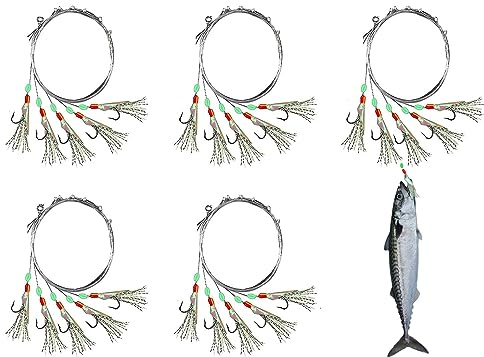 Voarge 5 Pack Mackerel Feathers Rigs, Fishing Feathers Sea Feather Lure Fishing Rigs with Luminous Beads Glowing Tail Attractor Ideal for Mackerel Herring Bass
