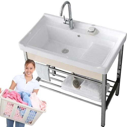 GBHJJ Freistehendes Waschbecken Keramik Mit Waschbrett, Keramik Handwaschbecken Spültisch, Bäder Spülbecken Mit Edelstahl Halterung, Für Hotel, Küche, Bad, Außenbereich,61x48x85cm