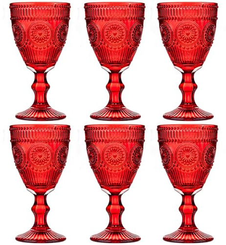 Red Vintage Wine Glasses Set of 6, 10 Ounces Colored Glass Water Goblets, Unique Floral Embossed Pattern High Clear Stemmed Glassware Wedding Party Bar Drinking Cups Fancy Glasses Hand Wash Only