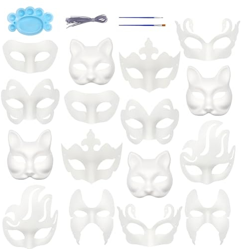 Qavctw 16 Stück DIY Maskerade Maske, bemalbare Papiermasken zum Basteln, DIY weiße Masken, unlackierte einfarbige Bastelmasken für Halloween, Weihnachten, Karneval, Party, Maske