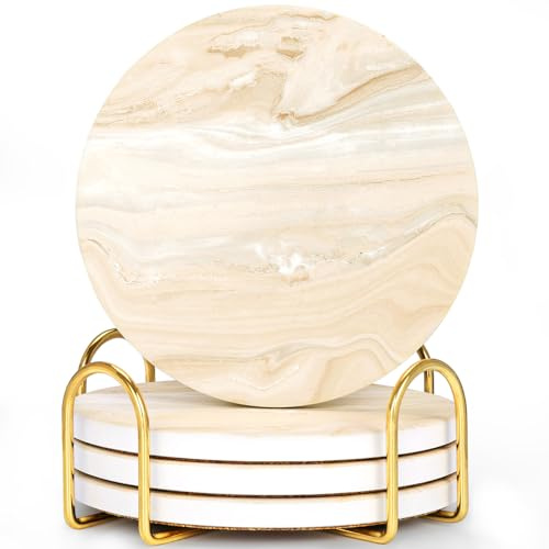 GOH DODD Coasters for Drinks Set of 4, Absorbent Marble Style Ceramic Coaster Cup Coasters Tabletop Protection Home Decor with Metal Holder for Housewarming Gifts Wedding Party, Gold, Round, 4 Inch