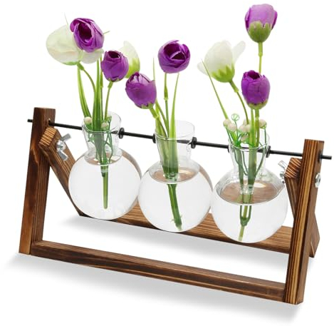 3 Pcs Hydroponic Glass Vase with Wooden Stand, Propagation Station Stand for Plants, Glass Planter Bulb Vase for Home Office Garden