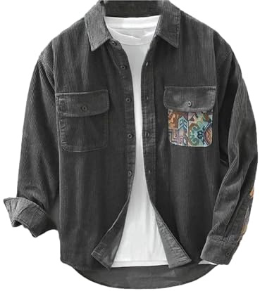 UIOKLMJH Männer Retro Outdoor Sport Langarm Hemd Casual Literarischen Lose Patchwork Hübsche Blusen Mit Tasche 6938 Gray M
