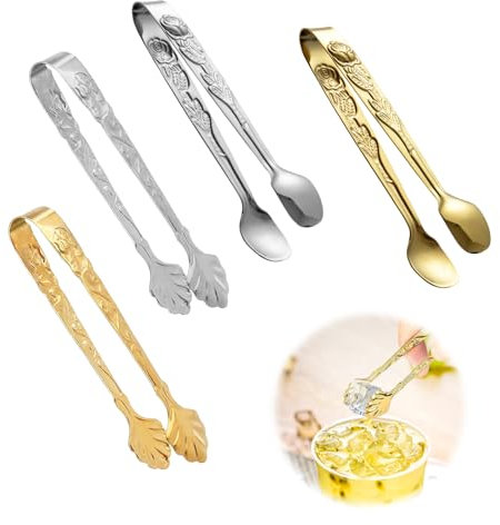 VIDSTW 4 Stück Mini Zuckerzange, Edelstahl Eiswürfelzange, Zwei Arten Candybar Zangen mit Rosengriff, Zuckerzange Klein, für Zuckerwürfel Eiswürfel Desserts Buffets Picknicks (Gold Silber)