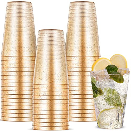 Incisite 50 Pack Gold Plastic Party Cups, 14oz | Clear Hard Plastic Tumblers for Wedding, Birthdays, Anniversaries and Social Events
