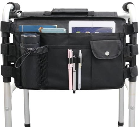 Walker Bag und Rollstuhl-Zubehörtasche, doppelseitige Armlehnentasche mit Getränkehalter, für Elektrorollstühle und Rollatoren, Senioren