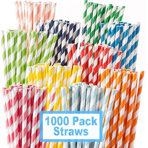 1000 Pcs Paper Straws Multicolors Stripped Straw - Alternative to Plastic Straws Disposable, Biodegradable and Compostable Perfect for Drinking, can be use for Cocktail, Milk, Ocassions and Parties.