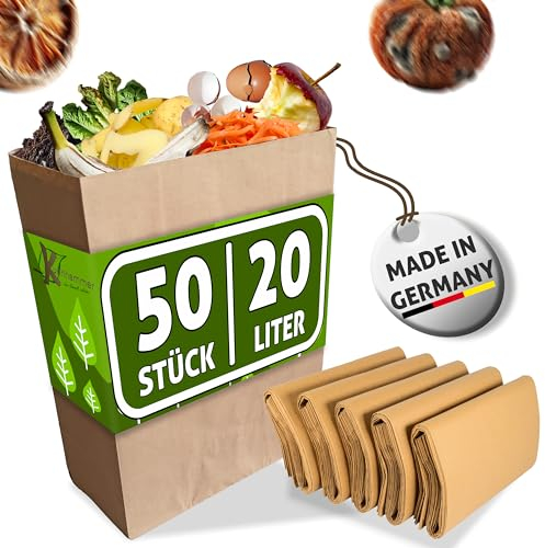 Sacchetti per rifiuti biologici, 20 litri, 50 pezzi, senza plastica, per rifiuti biologici, bagnati e resistenti agli strappi, sacchetti per rifiuti biologici, di carta, biomimetici