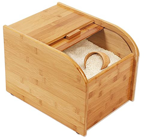 SmPinnaA Récipient De Stockage De Riz en Bois, Distributeur De Céréales, Récipients De Stockage De Riz avec Couvercle Coulissant, Distributeur De Riz avec Tasse À Mesurer, Récipient Aliment
