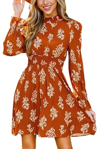 CUPSHE - Abito da donna con scollo a camicia, floreale, mini, autunnale, a maniche lunghe, con ruches, elastico in vita, svasato, abito casual a sbuffo, Arancione bruciato., M