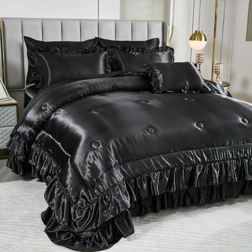 Black Satin Comforter Set,Queen Bed Set,Silk Like Satin Queen Comforter Set with Sheets,Silky Satin Bedding Set,Queen Bed in a Bag 8-Piece,Soft Smooth Sheets,Ruffled Luxury Bedding Set
