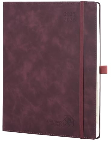 POPRUN Kalender 2025 2026 Buchkalender Notizbuch (Aug.2025-Dez.2026), ca. A4 (26,5 x 21,5 cm), Terminplaner, Wochenplaner Softcover mit PU-Leder, Zertifiziertem Papier - Weinrot