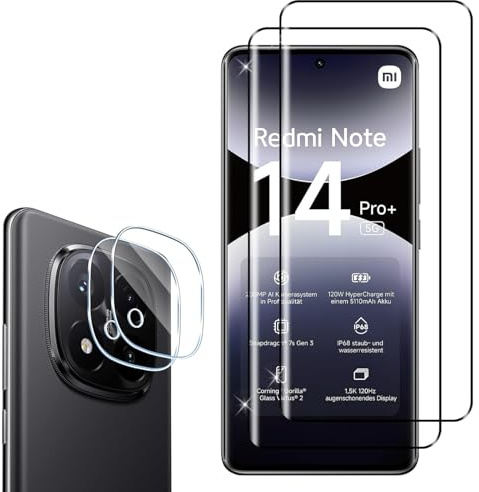 Wayneer Protector de Pantalla Compatible con Xiaomi Redmi Note 14 PRO Plus | 2 Piezas Vidrio Templado + 2 Piezas Protector de Lentes de Cámara, Cristal Templado HD, Dureza 9H, Anti-Arañazos