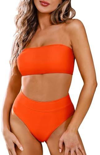 Pink Queen Damen Abnehmbare Träger Bikini Set Zweiteilig Wrap High Taille Bandeau Top Push Up Padded Badeanzug Orange L