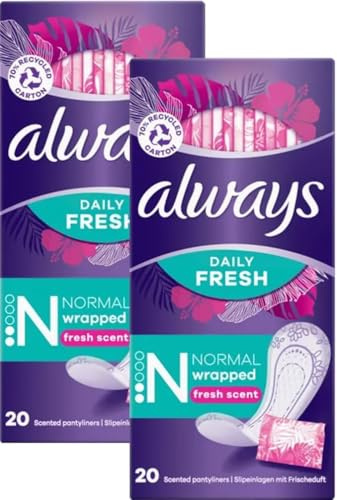 Always Dailies Panty Liners Normal 40x Fresh Scent Panty Liners | Go Fresh Singles Individually Wrapped | Odour Neutralising Discreet Breathable | Comfort | Pack of 2X 20 | Bought to You BY ZMA1