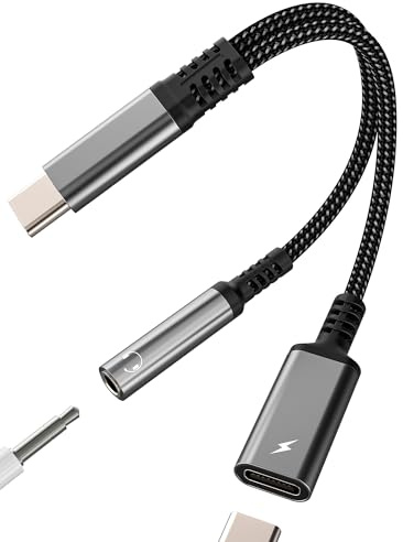Adaptador USB C a jack de 3,5 mm para auriculares (2 en 1) doble toma DAC AUX Audio tipo C cargador cable para iPhone 16 15 Pro compatible con Samsung S24 para iPad auriculares micrófono para Apple
