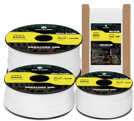 Kamu Synber 2mm Paracord 15m 100% Nylonrep 3 Trådar Typ I för Camping, Armband, Utomhus | Stöd 90kg | Vit