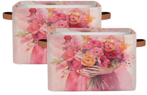 MPTPTM Cube Storage Basket, Watercolor Girl Flower Canvas Baskets with PU Handle, Large Capacity Storage Bins for Closet Toys Trunk Laundry hamper 2pcs