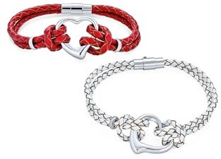 Bling Jewelry Ensemble de deux bracelets en cuir tressé à plusieurs brins pour femmes, rouge et blanc, avec cœur ouvert, cordon fin, ton argenté, pour petite amie.