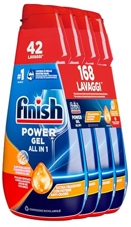 Finish Powergel, Gel Detersivo per Lavastoviglie Liquido,168 Lavaggi, 4 confezioni da 42 Lavaggi, Antiodore, Multiazione
