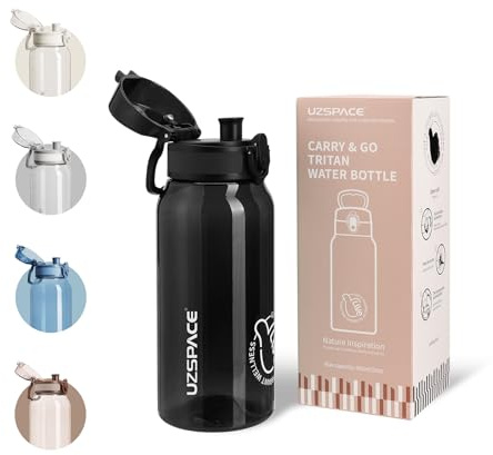 UZSPACE Trinkflasche Kinder Sport Wasserflasche 600ml, Kohlensäure Geeignet | Auslaufsicher, Spülmaschinenfest, Sportflasche mit Klappdeckel Für Schule Uni Outdoor Mädchen Jungen, Schwarz