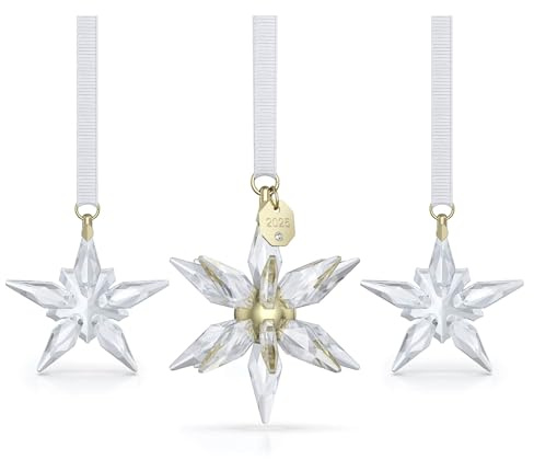 Swarovski Annual Edition 3D Ornament Set 2025, 3-teiliges Set mit Klaren Sternen, 773 Facetten und Weißem Ripsband, Großes Ornament: 6.1 x 4.6 x 4.6 cm, Kleines Ornament: 4.9 x 0.8 x 4.3 cm