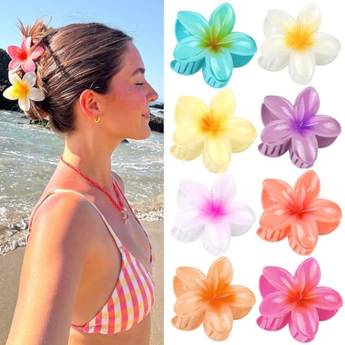 Kavya Kunststoff Blumen Haarklammer Groß 8 Stück, Blumen Spange Bunt Hawaii Blumenklammern - Schöne Karton Verpackt, Haarspange Damen & Mädchen Flower Hair Accessories