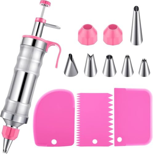 Kit de décoration de gâteau 12 pièces en acier inoxydable 6 embouts, 3 raclettes, seringue pour cupcakes (rose)