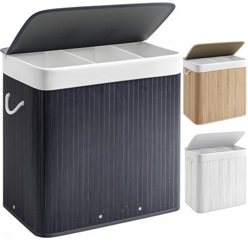 Rebonique Laundry Basket with Lid, 150L Large Bamboo Laundry Hamper, 3 Compartments Washing Basket with Removable Liner Bag, Clothes Hampers Laundry Bin for Bedroom, Bathroom, Laundry Room (Grey)