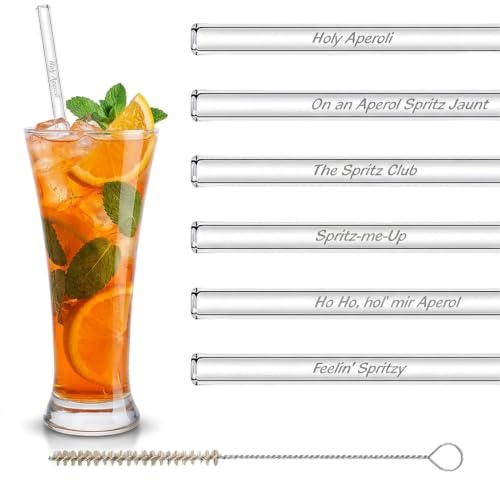 Reusable Glass Straws Aperol Gift Set, 6 Pieces for Aperol Spritz, Engraved Funny Drinking Sayings, Reusable, Eco-Friendly, With Cleaning Brush, Gift for Women, Men, Friends, Colleagues & Fami