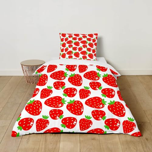 Odot Juego Ropa de Cama Infantil, Ropa de Cama Individual de Microfibra Patrón Fruta 3D con 1 Funda de Edredón con Cremallera + 1 Funda de Almohada para Niño Niñas (Fresa roja,120x150cm)